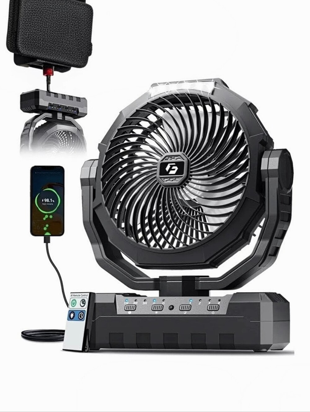 FRIZCOL 3-in-1 Rechargeable Portable Fan W/ Remote + Hanger + Light OS Black